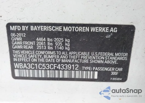 2012 BMW 328I I Sulev из США, поврежденный, VIN WBA3C1C53CF433912